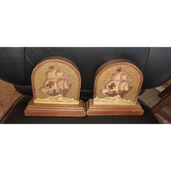 Wooden Ships Other - Hand Carved Wooden‎ Bookends Pirate Ship May 1949